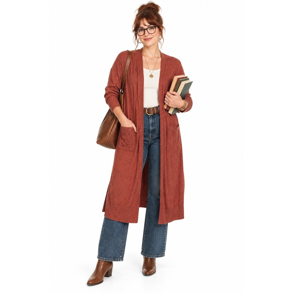Rachel Zoe Rust Linen Blend Open Front Duster Cardigan M Librariancore Earthy